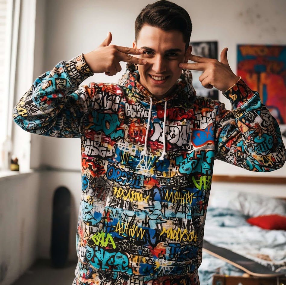 Man in bold, multicolor geometric streetwear jacket stretches arms against a dark backdrop.