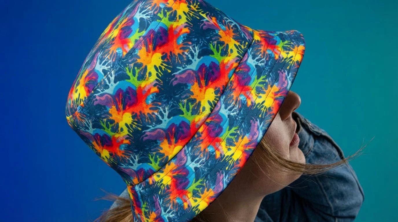 Maximalist Neon Anemone Bucket Hat with Electric Reef Pattern - Aesthetic Rebellion
