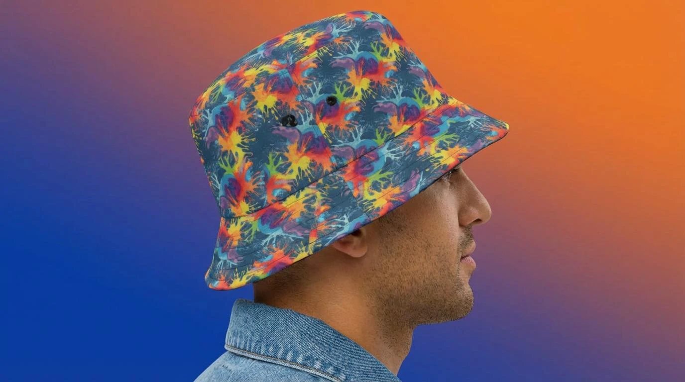 Maximalist Neon Anemone Bucket Hat with Electric Reef Pattern - Aesthetic Rebellion
