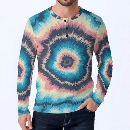 Cyber-Marble Men's Henley – Liquid Glitch Streetwear Top – Maximalist Long Sleeve Art Shirt by Aesthetic Rebellion