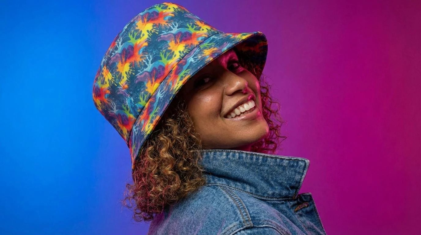 Maximalist Neon Anemone Bucket Hat with Electric Reef Pattern - Aesthetic Rebellion