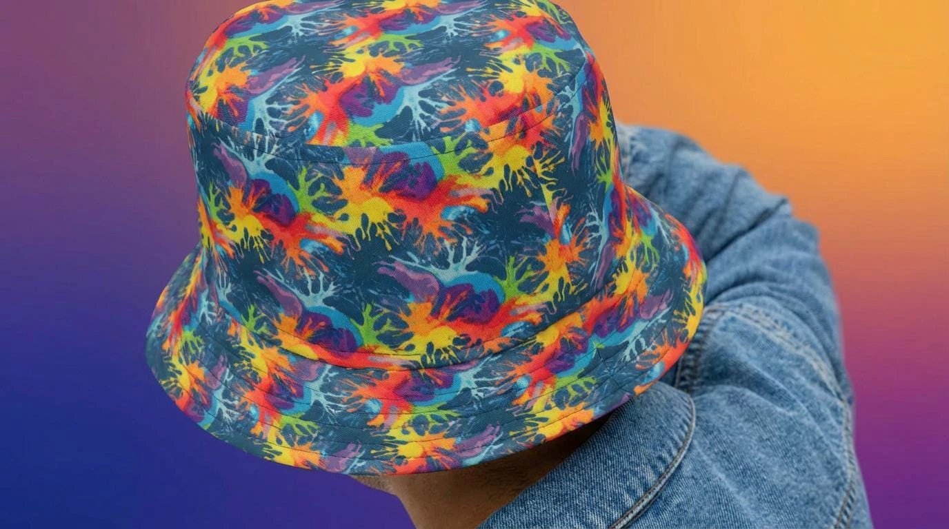 Maximalist Neon Anemone Bucket Hat with Electric Reef Pattern - Aesthetic Rebellion