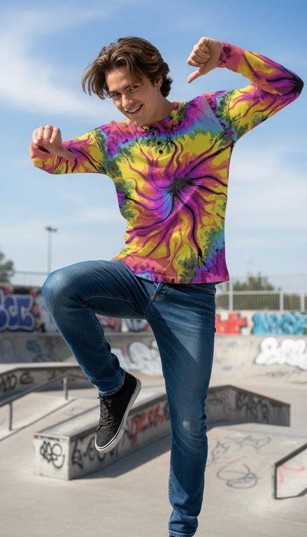 Cyber-Marble Men's Henley – Liquid Glitch Streetwear Top – Maximalist Long Sleeve Art Shirt by Aesthetic Rebellion