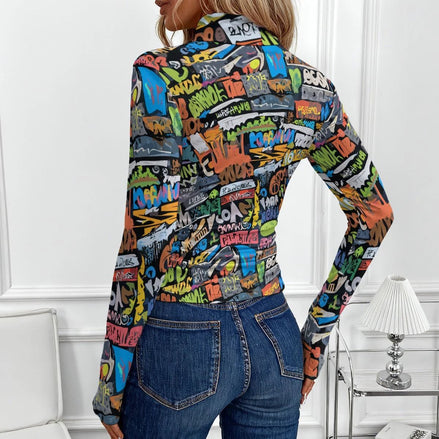 High-Neck Graffiti Print Top – Neon Maximalist Long Sleeve Rave Blouse by Aesthetic Rebellion