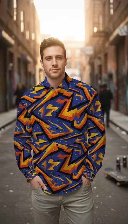 Geometric Glitch Art Button Down Shirt | 90s Arcade Streetwear by Aesthetic Rebellion