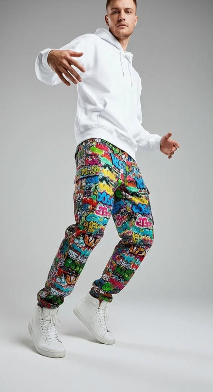 Abstract Graffiti Print Cargo Pants | Men's Streetwear Utility Trousers by Aesthetic Rebellion