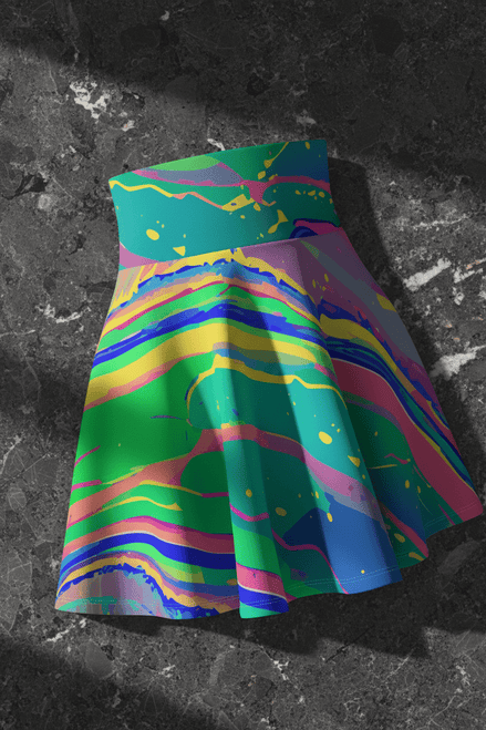 Skater Skirt – Mermaid Gems Radiant Aqua Neon Splash Iridescent Rave Mini Skirt - Aesthetic Rebellion